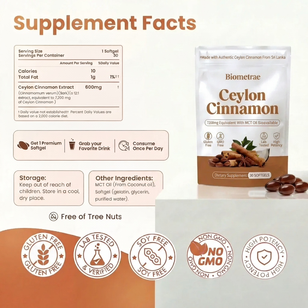 Ceylon Cinnamon 7200mg Equivalent with MCT Oil.